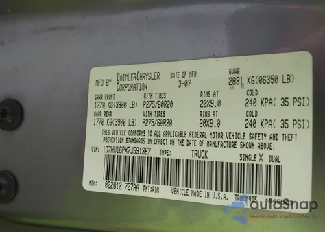 2007 Dodge Ram 1500 Slt/Trx4 Off Road/Sport z USA, uszkodzony, nr VIN 1D7HU16PX7J591367